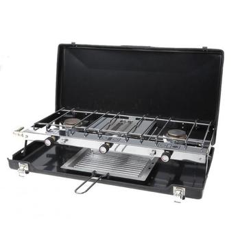 Double Burner and Grill, Black Fold Out Camping Cooker / Stove