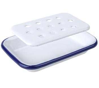 White Enamel soap dish vintage style white with blue trim (806) - main image