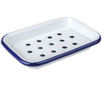 White Enamel soap dish vintage style white with blue trim (806) - main image